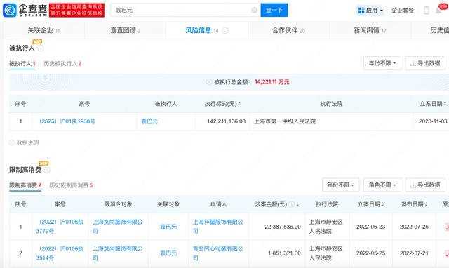 张雨绮前夫袁巴元被强制执行1.4亿 案由为借款合同纠纷