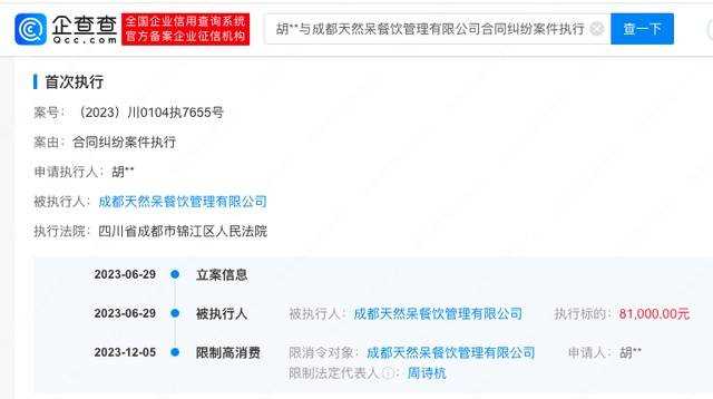 关晓彤父亲持股的天然呆被限消 案由为合同纠纷案件