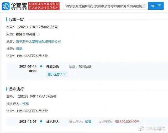 郑爽因合同纠纷被强制执行9050万 昔日娱乐圈小花旦一手牌打稀烂