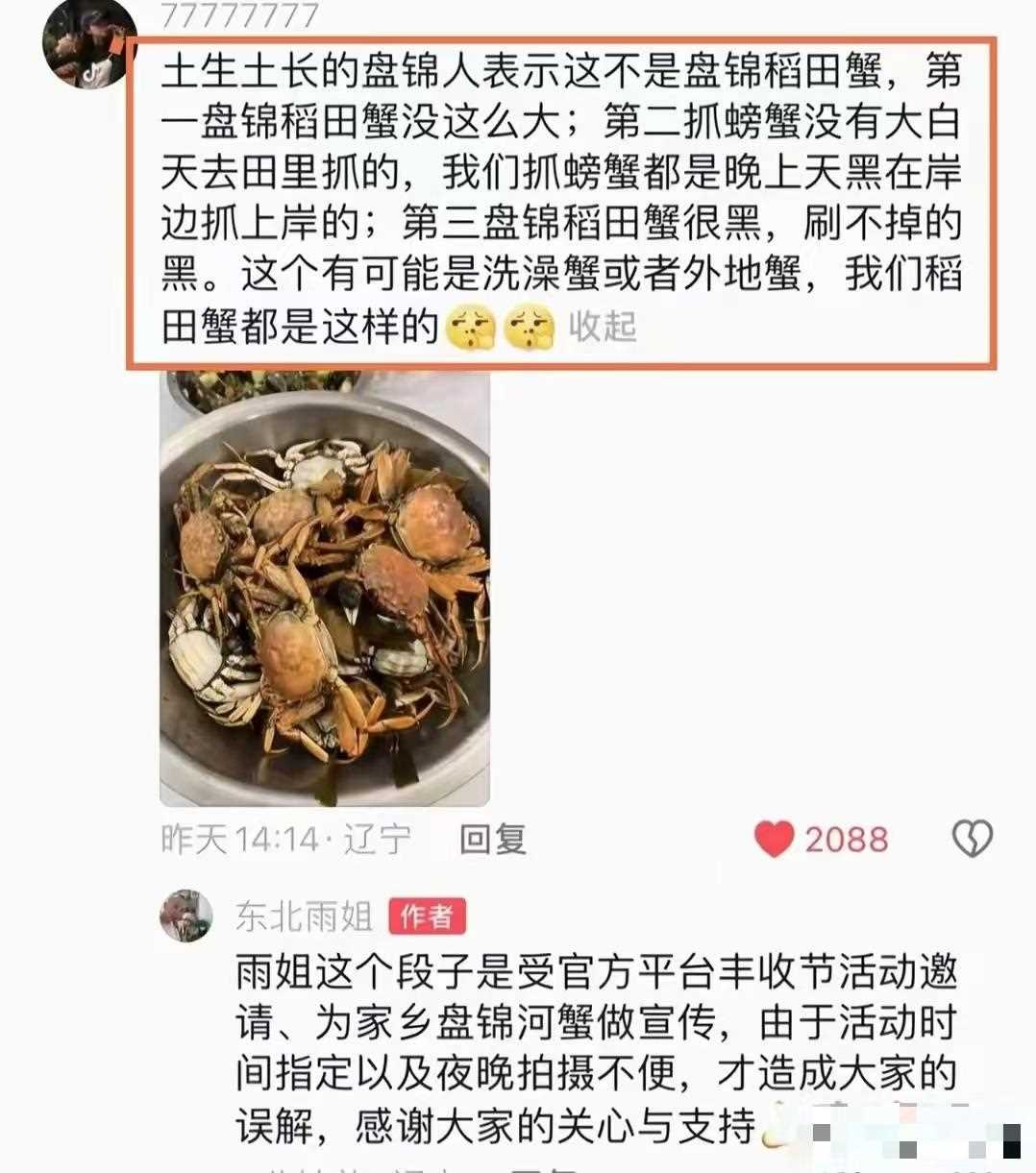 东北雨姐承认螃蟹是放到稻田里的 好意为家乡做宣传但用错了方法!